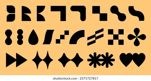 Vector elements. Abstract black shapes on a yellow background. Geometric shapes include stars, hearts, and arrows. Bold shapes, Black shapes, vector element set.