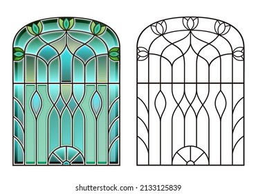 Vector elements. Arched vintage old window with stained glass in a floral theme. Art Nouveau architecture