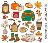 Vector elements of autumn season, pumpkin, hot drinks, clothes, autumn leaves, sleeping cat and lantern, cozy fall stickers.