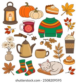 Vector elements of autumn season, pumpkin, hot drinks, clothes, autumn leaves, sleeping cat and lantern, cozy fall stickers.