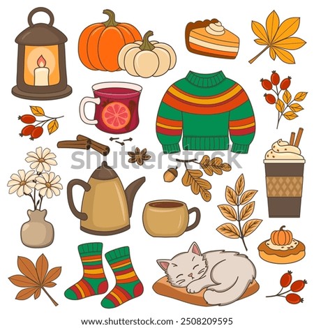 Vector elements of autumn season, pumpkin, hot drinks, clothes, autumn leaves, sleeping cat and lantern, cozy fall stickers.