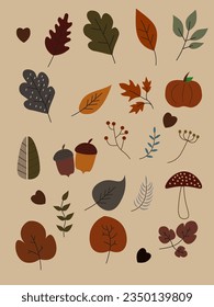 vector elements for autumn, various shapes of leaves, mushrooms and pumpkins.