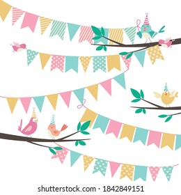 Vector elements for birthday card design with cute little birds wearing party hats and flag bunting 