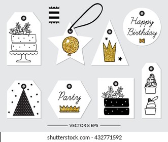Vector. Elements for Birthday, party, wedding and other isolated on white background. Set of black and white elements with gold glitter.