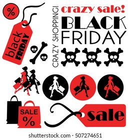 Vector elements for Black Friday Sale! Sale poster. Vector illustration. Woman running, shopping bags. Black and red. Black Friday sales tag.