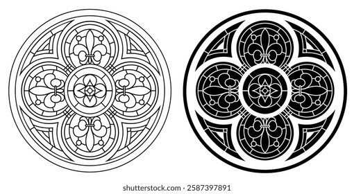 Vector elements. Blank for a classic stained-glass window with floral ornaments.Gothic stained glass for a round window