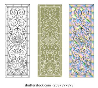 Vector elements. Blank for a classic stained-glass window with floral ornaments. Classic stained glass for a door or window