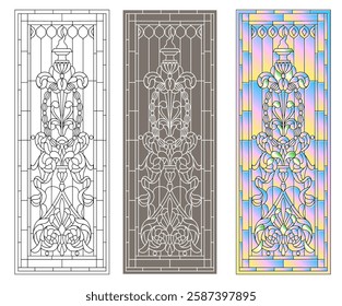 Vector elements. Blank for a classic stained-glass window with floral ornaments. Classic stained glass for a door or window