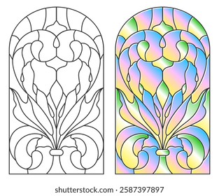 Vector elements. Blank for a classic stained-glass window with floral ornaments. Classic arched stained glass windows with flowers