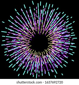 Vector elements of bright fireworks on a black background, round shape. For illustrations, advertising, banners, invitations, cards, holidays, parties, fun and so on.