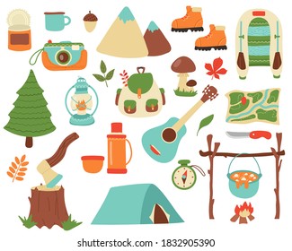 Vector Elements of Camping. Tools for Outdoor Activities and Tourism in Flat style.Hand Drawn Objects for Forest Adventures. Isolated on white background.Hiking Equipment.Travel,expedition,picnic Set.