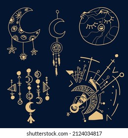Vector elements of celestial bodies month, moon, dream catcher, abstraction