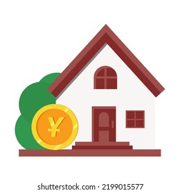 Vector elements of City and Town Buildings, including yen yuan symbol. Real estate in Asia China and Korea. Yen yuan coin with house in asia isolated on white
