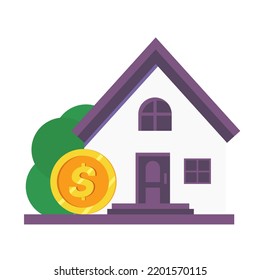 Vector elements of City and Town Buildings, including dollar symbol. Real estate in USA. Dollar coin with house isolated on white. House with money coin