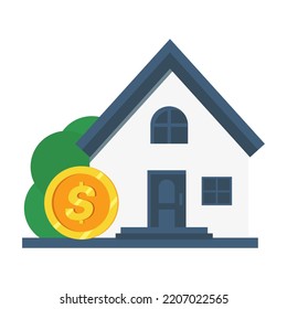 Vector elements of City and Town Buildings, including dollar symbol. Real estate in USA. Dollar coin with house isolated on white. House with money coin. Mortgage real estate investment.	
