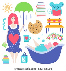 Vector elements collection, books theme. Colorful isolated hand drawn different items on white background. Design for T-shirt, textile and prints.