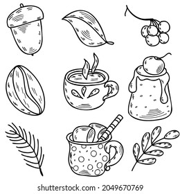 vector elements consisting of autumn leaves, coffee, berries and sweet dessert