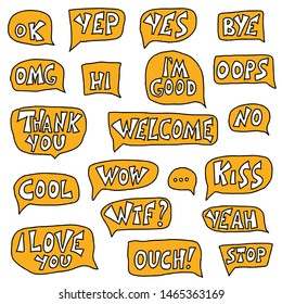 Vector elements for conversation. Ok, yep, wow, omg, welcome, cool, thank you, yes, hi, I'm good, I love you, bye,no, stop lettering. Text with speech bubbles isolated on white background. 