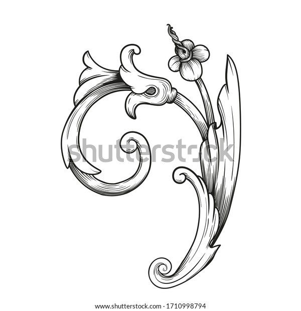 Vector elements. Curls and scrolls ornament
for design and decoration.Vintage baroque victorian floral ornament
scroll. Engraved retro flower pattern decorative design. Tattoo
filigree calligraphy.