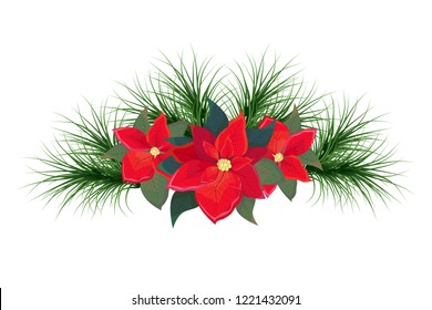 Vector elements for design. Border of poinsettia and fir branches. Christmas design. All elements are isolated