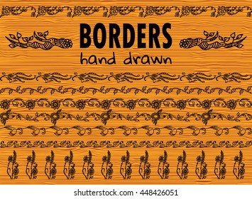 Vector elements for design. Collection of hand drawn borders. Template for web, photo, banners ornament. Branch, leaves, flowers, grass, daisy, lily, herbal. Wooden background. 10 from 11