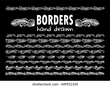 Vector elements for design. Collection of hand drawn borders, line dividers, ornate ribbons. Template for web, photo, banners ornament. Coral, jellyfish, seaweed, shell. Chalkboard. 