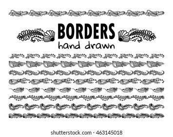 Vector elements for design. Collection of hand drawn borders, line dividers, ornate ribbons. Template for web, photo, banners ornament. Coral, jellyfish, seaweed, shell. Black on white. 6 from 11