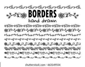 Vector elements for design. Collection of hand drawn borders. Template for web, photo, banners ornament. Branch, leaves, flowers, ivy, daisy, lily, herbal. Black on white. 8 from 11