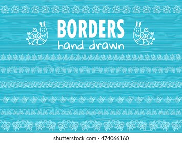 Vector elements for design. Collection of hand drawn borders, line dividers, ornate ribbons. Template for web, photo, banners ornament. Coral, fish, seaweed, shell, snail. Water background. 2 from 11