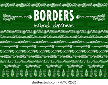 Vector elements for design. Collection of hand drawn borders. Template for web, photo, banners ornament. Branch, leaves, flowers, vine, daisy, herbal, candles. Green background. 11 from 11