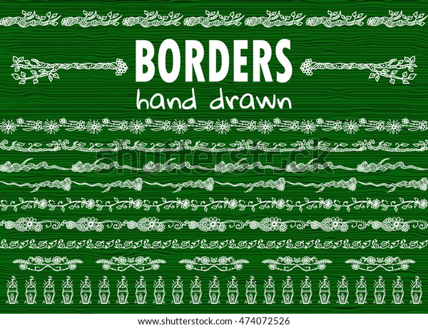Vector\
elements for design. Collection of hand drawn borders. Template for\
web, photo, banners ornament. Branch, leaves, flowers, vine, daisy,\
herbal, candles. Green background. 11 from\
11