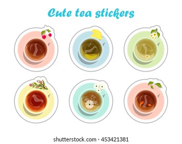 Vector elements for design. Cute collection of tea stickers with cups of black, green, white, hibiscus, herbal, daisy, puerh tea. Perfect for stickers, notes, tags, or decoration. Sweet kawaii color