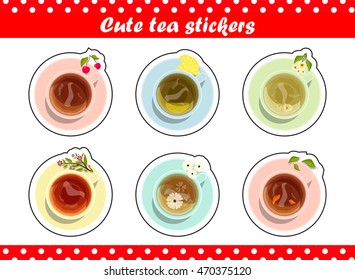 Vector elements for design. Cute collection of tea stickers with cups of black, green, white, hibiscus, herbal, daisy, puerh tea. Perfect for stickers, notes, tags, or decoration. Sweet kawaii color