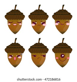 Vector elements for design. Flat realistic acorns smile, happy, sly, sad, moody, angry, grumpy. Kawaii muzzles. Object isolated on white background