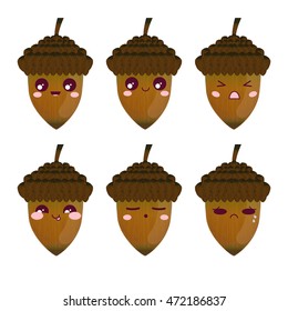 Vector elements for design. Flat realistic acorns smile, happy, sly, sleep, cry, angry, grumpy. Kawaii muzzles. Object isolated on white background