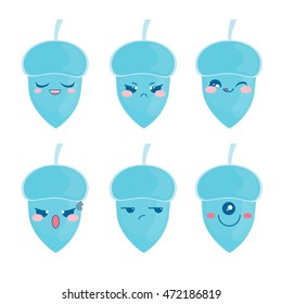 Vector elements for design. Flat water drop acorns smile, happy, sly, sad, moody, angry, grumpy. Kawaii muzzles. Object isolated on white background. Cartoon character with different face expressions