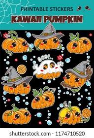 Vector elements for design. Kawaii printable stickers, Halloween design. Cartoon costumed witch, ghost and other pumpkins with big anime eyes. Stickers for diary