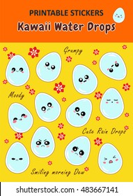 Vector elements for design. Kawaii printable stickers in cute cartoon style. Kawaii water drops theme. Cute water drop, morning dew with muzzles. Stickers for diary, stationery, paper decor, icons