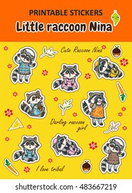 Vector elements for design. Kawaii printable stickers in cute cartoon style. Little raccoon Nina theme. Cute raccoon girl in tribal dress. Stickers for diary, stationery, paper decor, icons, sign