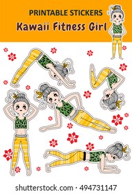 Vector elements for design. Kawaii printable stickers in cute cartoon style. Kawaii fitness girl. Cute girl made yoga, pilates, asana exercises. Stickers for diary, paper decor, printing doll