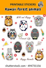 Vector elements for design. Kawaii printable stickers in cute cartoon style. Kawaii forest animals theme. Flat bear, panda, koala, bunny, mouse, squirrel, raccoon, mole. Paper decor, printing stickers