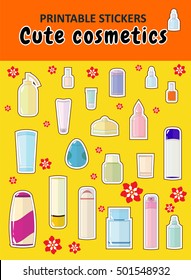 Vector elements for design. Kawaii printable stickers in cute cartoon style. Cute cosmetics. Flat bottle for shampoo, cream, deodorant, skincare elements. Stationery, paper decor for girls