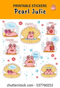 Vector elements for design. Kawaii printable stickers. Set of kawaii pearl oyster with shell, pearl, water bubbles. Pretty snail girl stickers, perfect for diary, stationery, notebook, schedule  