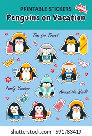 Vector elements for design. Kawaii printable stickers in cute cartoon style. Penguins on vacation theme. Cute penguins boys and girls. Stickers for diary, stationery, paper bird doll, icons, sign
