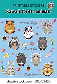 Vector elements for design. Kawaii printable stickers in cute cartoon style. Kawaii forest animals theme. Flat bear, panda, koala, bunny, mouse, squirrel, raccoon, mole. Stationery, paper decor