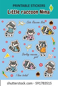 Vector elements for design. Kawaii printable stickers in cute cartoon style. Little raccoon Nina theme. Cute raccoon girl in tribal dress. Stickers for diary, stationery, paper decor, icons, sign