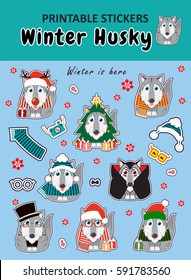 Vector elements for design. Kawaii printable stickers in kawaii cartoon style. Abstract siberian husky, Alaskan malamutes or wolfs in funny outfits. Stickers for diary, template for notes, stationery