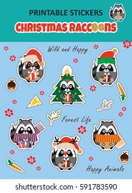 Vector elements for design. Kawaii printable stickers in cute cartoon style. Kawaii raccoon in Christmas outfits. Stickers for diary, stationery, paper animal, icons, sign