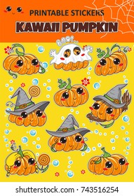Vector elements for design. Kawaii printable stickers, Halloween costumed witch, ghost and other pumpkins with big anime eyes