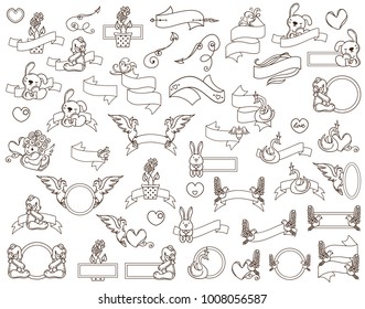 Vector elements for design. Large collection of ribbons and flags with cute tiny illustrations. Different variation of round and rectangle boxes for text, messages or inscription. Bunny, Cupid, roses 